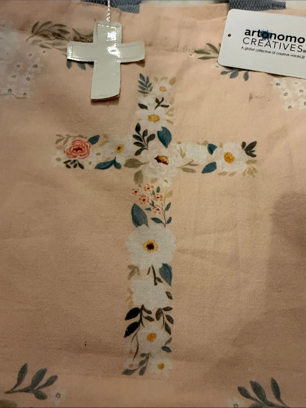 NWT, Peach Floral Cross Tote Bag with Blue Handles